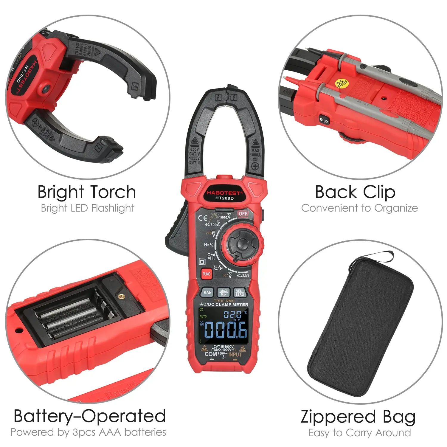 HABOTEST HT208D AC/DC Digital Clamp Meter True-RMS Multimeter Anto-Ranging Tester Current Clamp with Amp Volt Ohm Diode digital multimeter clamp meter