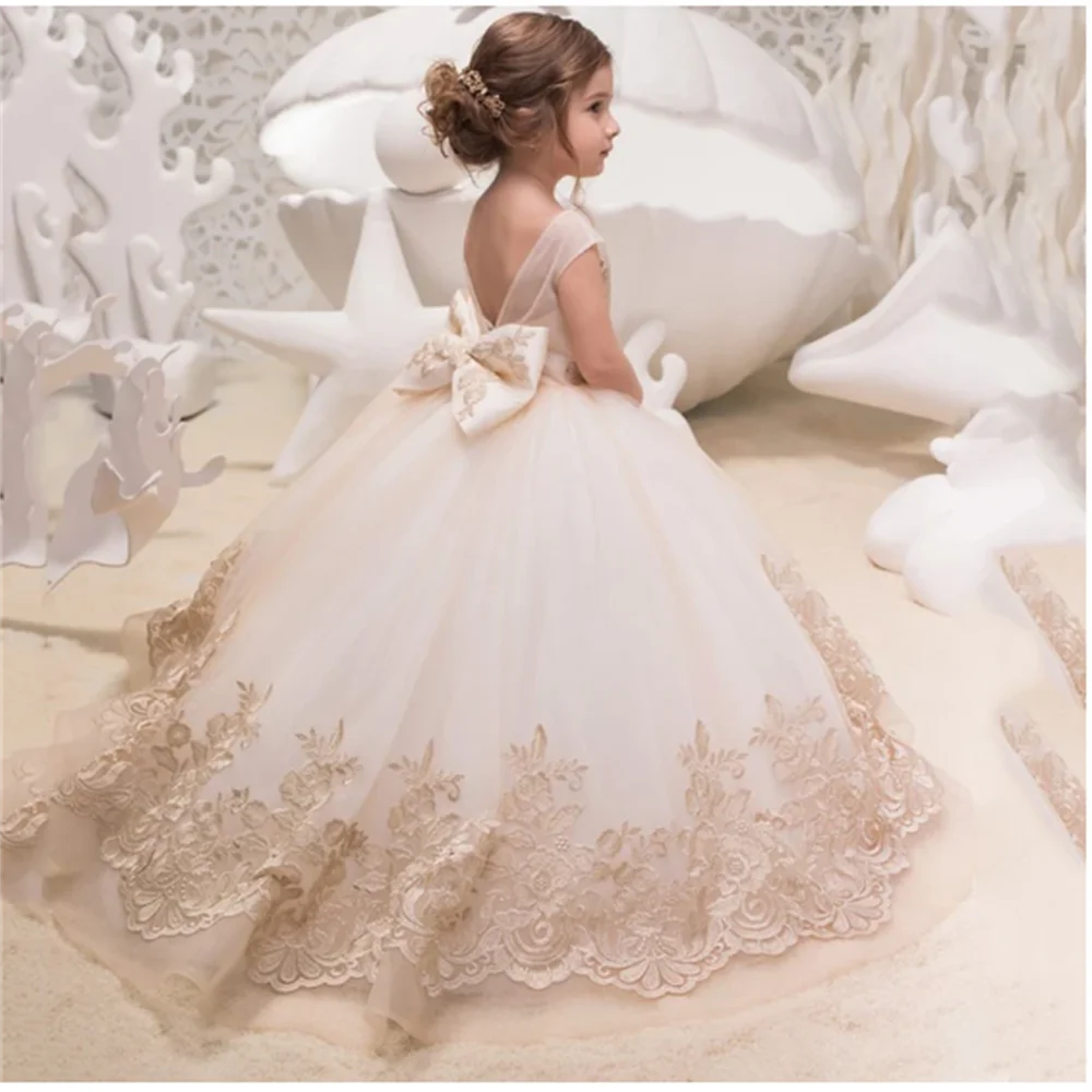 

First Communion Champagne Flower Girl Dresses Applique Party Prom Gown Bridesmaid Wedding Birthday Princess Formal Dresses