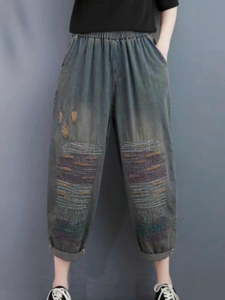 

2023 New Loose Ground White Distressed Jeans Women's Summer Vintage Versatile Lines Embroidered Elastic Waist Ankle-length Pants