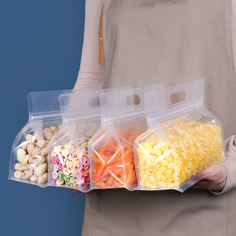 10pcs Transparent Food Bag Self-Sealing Bag With Handle Thickened Plastic Frosted Packaging Reusable Food Storage Ziplock Bag 2