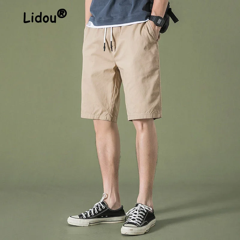 Fashion Solid Color Thin Loose Men's Cargo Shorts Classic Summer Pocket Waist Drawstring Street Casual Versatile Male Short