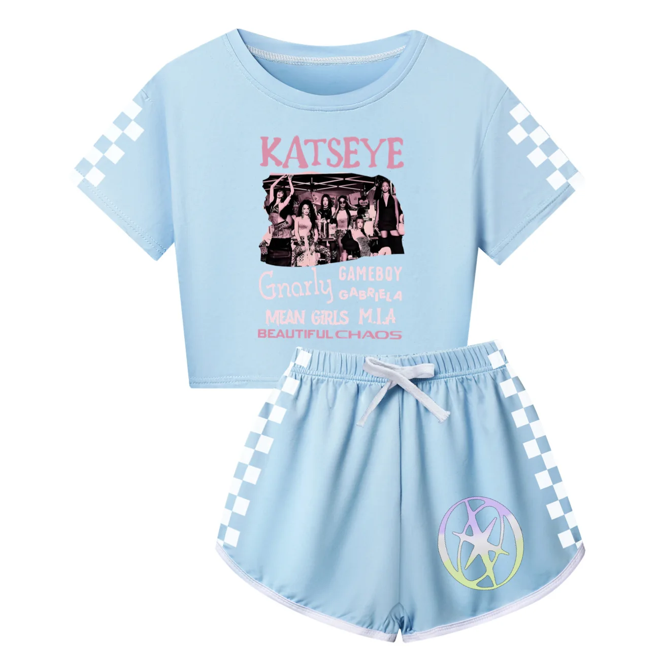 Katseye Lustiges Print-Kostüm für Kinder, Kleidung für Jungen und Mädchen, kurzärmeliges T-Shirt + Shorts, Sportbekleidung, Cartoon-Kinderpyjama 5296