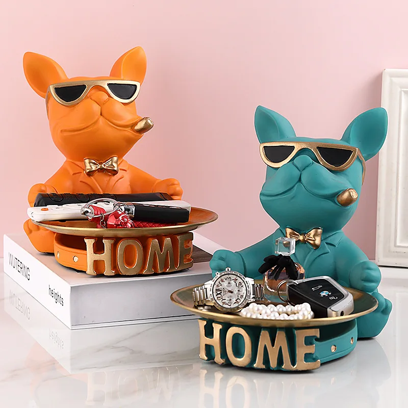 

Resin Dog Statue French Bulldog Butler with Metal Tray for Keys Holder Dried Fruit Snacks Storage Home Decor Animal Ornaments