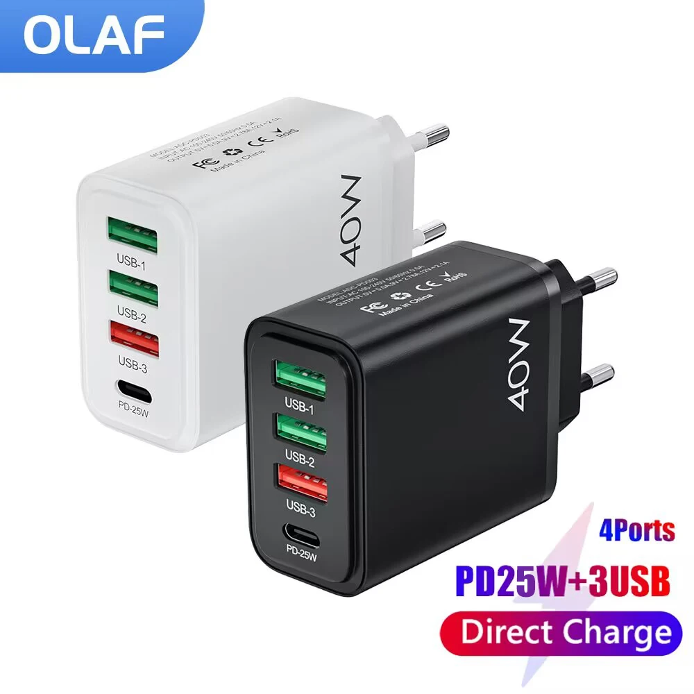 4 Ports 40W USB C Charger PD25W Travel Wall Charger Fast Charging Type