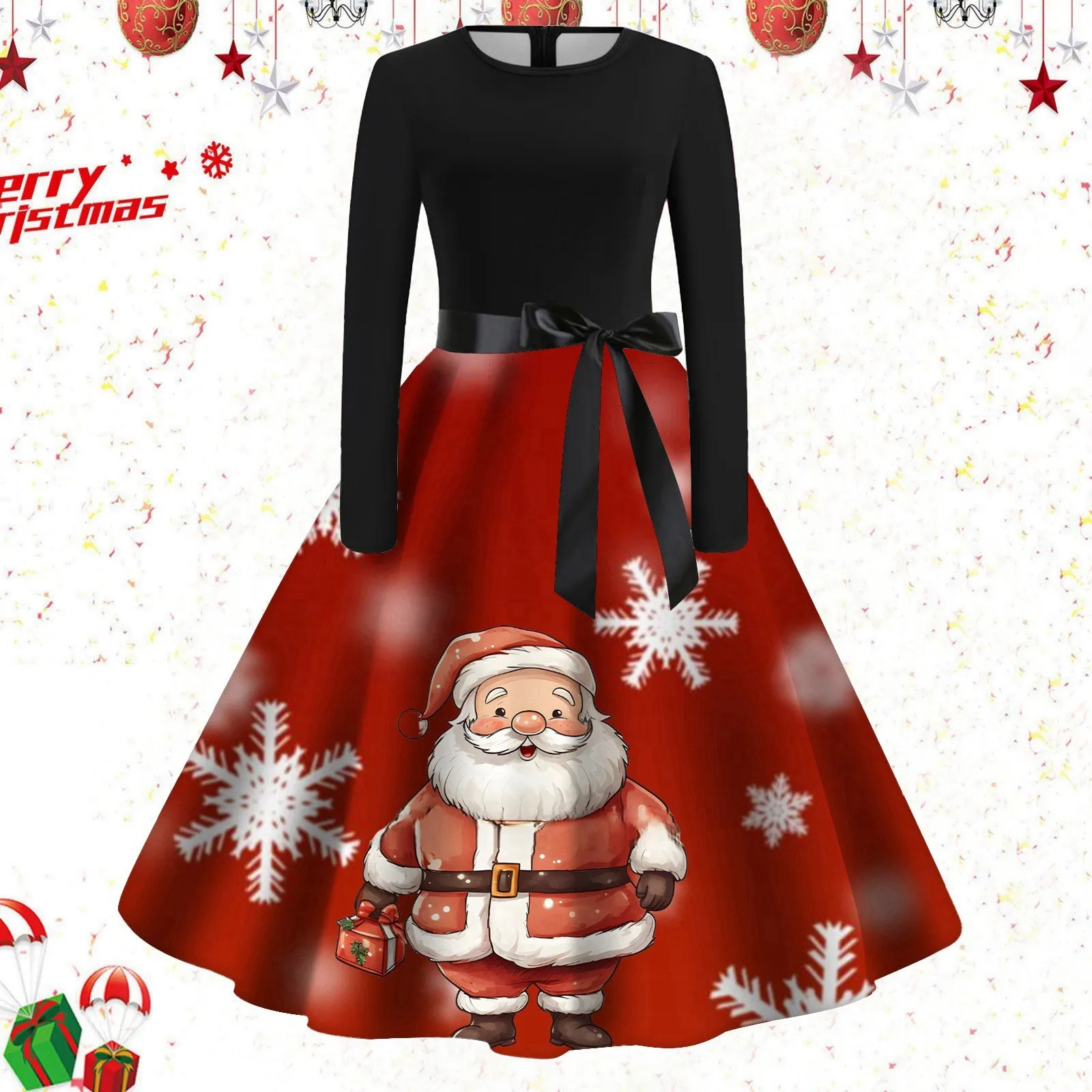 

Women Christmas Print Dress Vintage Round Neck 1950s Housewife Party Dress Plus Size Santa Claus Print Lace Up A-Line Dresses
