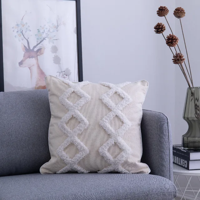 Simple Tufted Cushion Cover Geometric Rhombus Wave Big Tassel Pillowcase Hand-tufted and Crocheted Decorative Sofa Pillow Cover F-45x45cm pillowcase