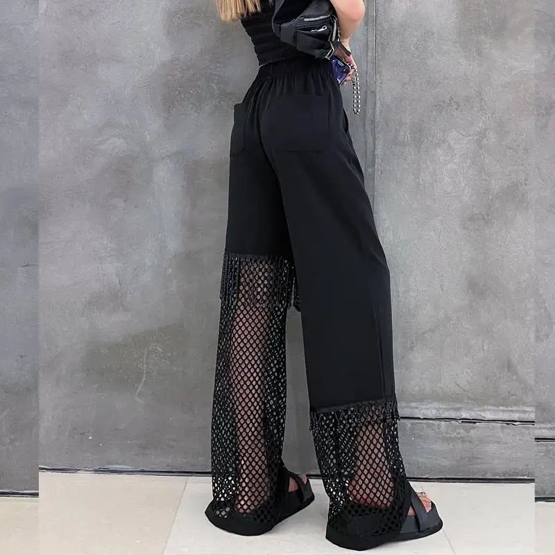 2024 Summer Women's Hollow Mesh Loose Straight Tube Slim and Hanging Large Size Wide Leg Pants
