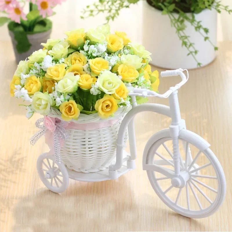 Artificial Flowers Silk Roses Rattan Bike Vase Plastic Bicycle Desktop Decorative Rose Bonsai Plant Outdoor Home Office Decor