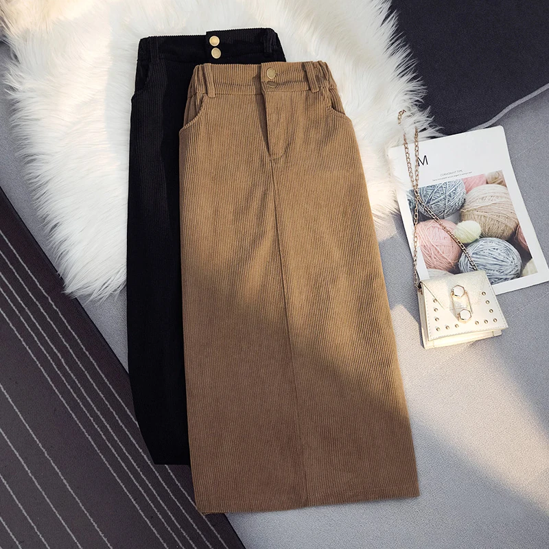 

Corduroy Split Sexy Half Length Skirt With Pockets For Women High Waist Slimming Buttocks Covering A-Line Long Skirt