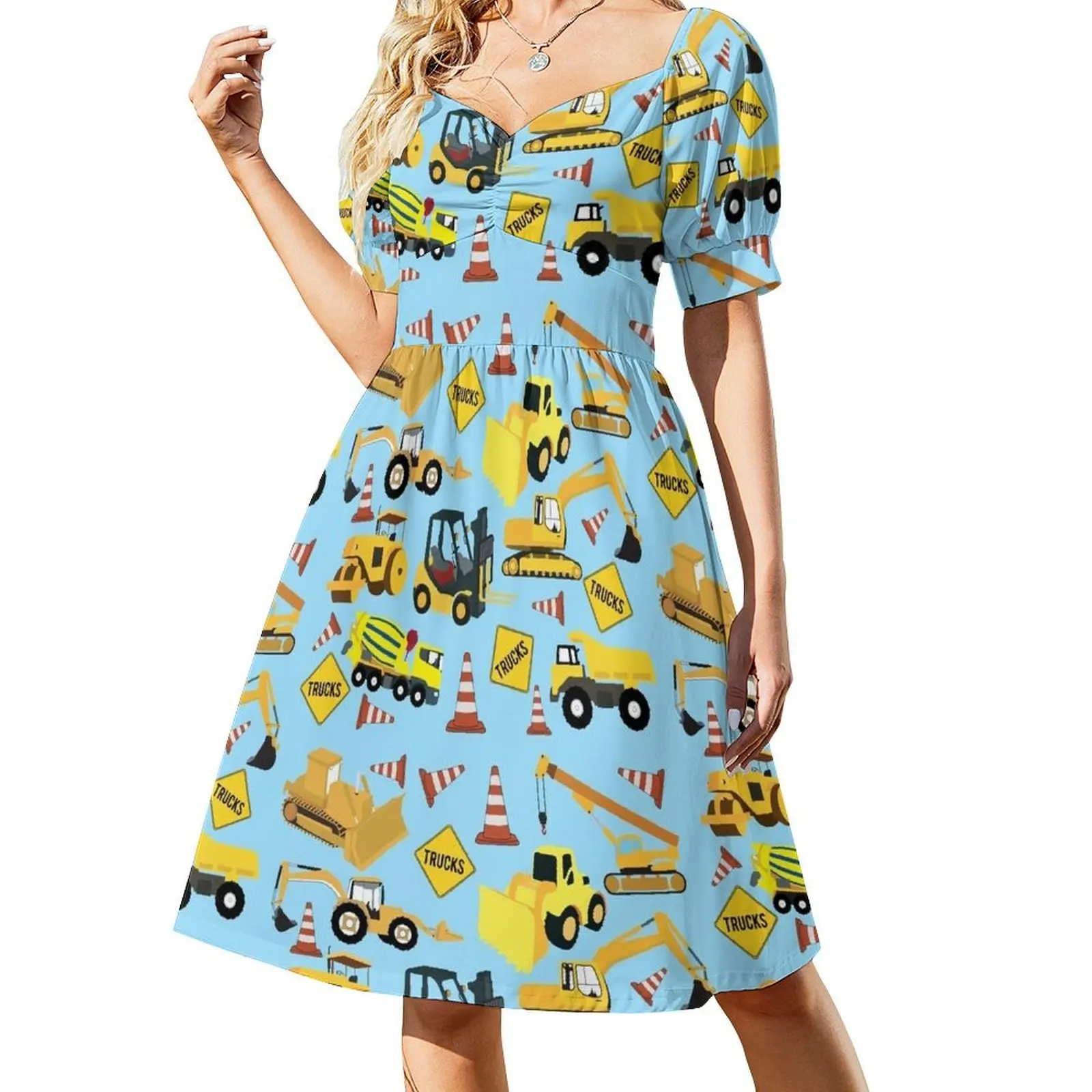 Patrón de vehículos de construcción: excavadora, retroexcavadora y más. Vestido de ceremonia de manga corta.