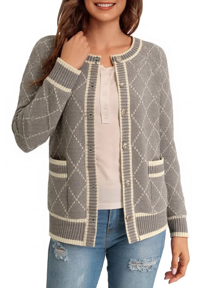Autumn and Winter New Diamond Women's Long-sleeved Crew Neck Sweater Elegant Cardigan Single-breasted Knitwear Casual Top
