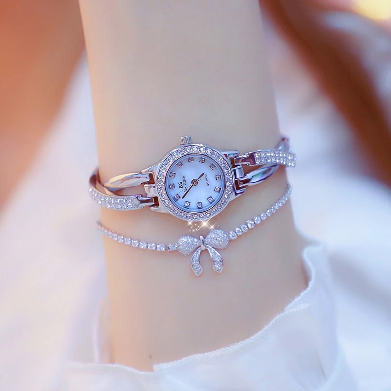 BS Brand Women's Watches Fashion Silver Luxury Rhinestone Watch Women Watches bracelet set Gold Creative Ladies Diamond Watch