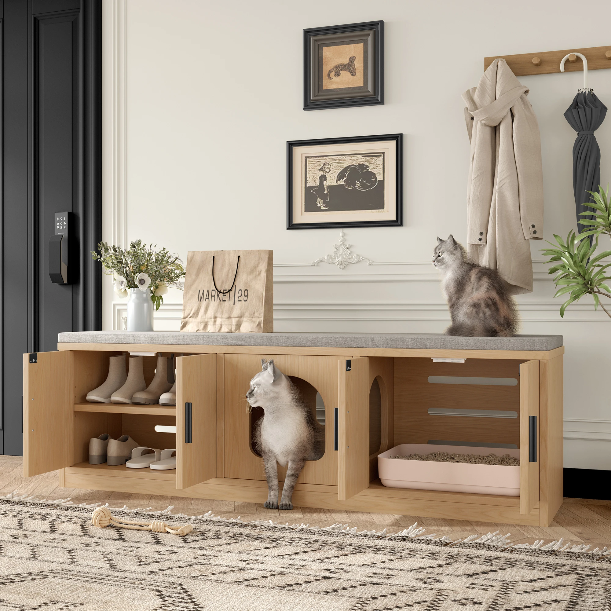 Versteckter Katzenschrank 140 x 40 x 45,5 cm mit Kratzbaum und Belüftung, multifunktionales Haustiermöbel. – Detail 2