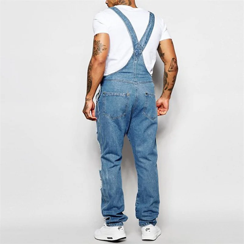 Fashion Cool Men's Jumpsuit Light Blue Suspender Pants Ripped Denim Trousers Street Casual Youth Pocket Splicing Button Jeans 23