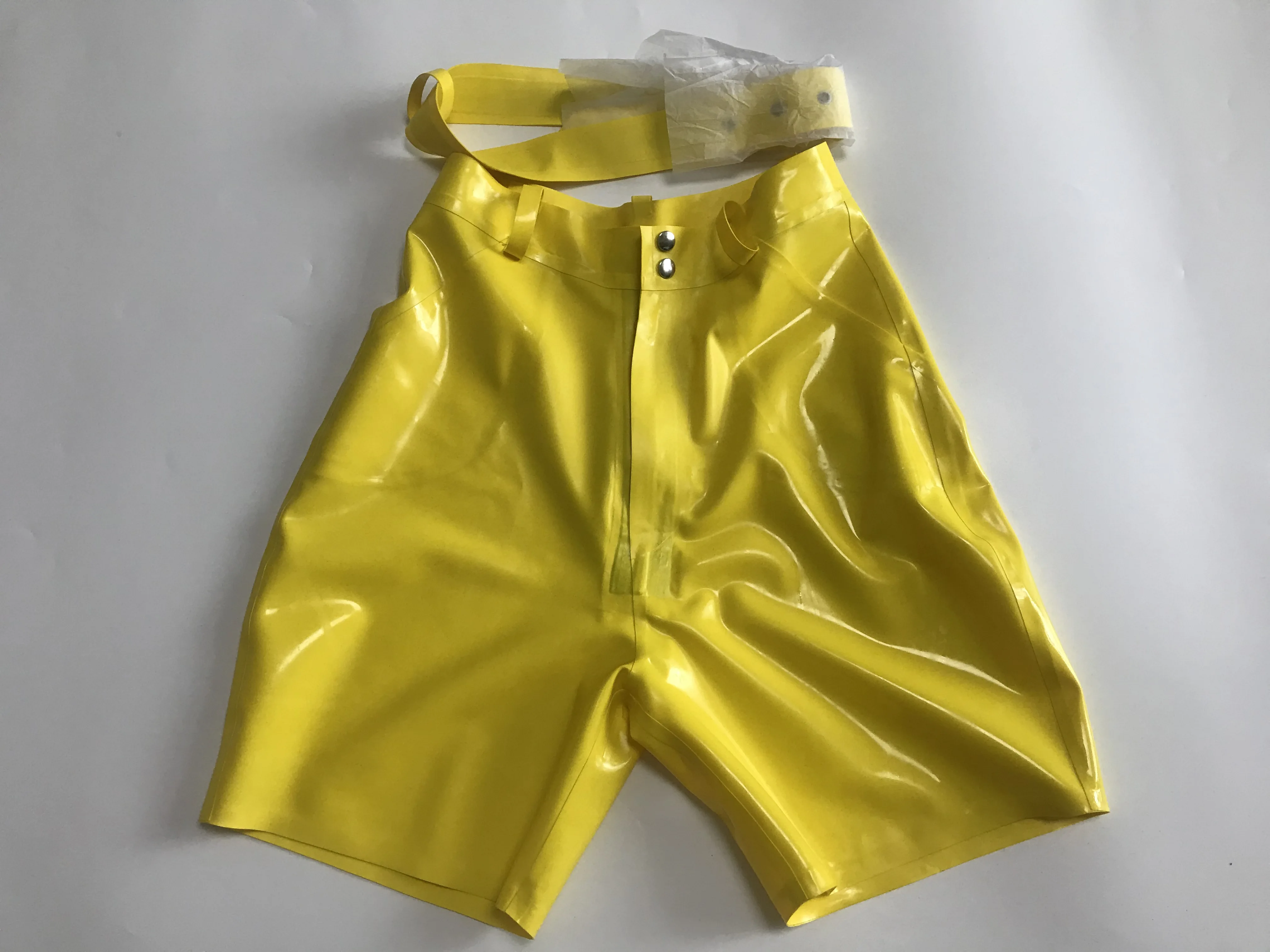 Sexy Yellow High Waist Latex Shorts Pants Belt Pocket with Front Zip and Press Stud