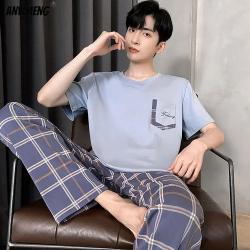신제품 여름 코튼 남성 잠옷, 플러스 사이즈 4XL, 우아한 나이트 웨어, 짧은 소매 격자 무늬 바지 잠옷, 젊은 남성용 잠옷 세트 3