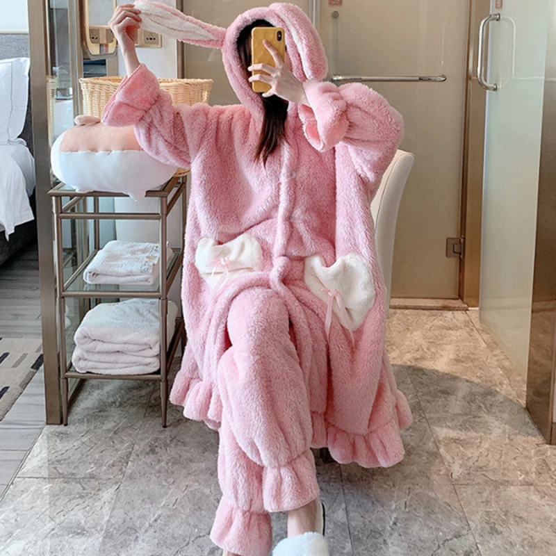 Winter Women Cute Pajamas Set Hooded Cartoon Bathrobe Kawaii Flannel Robe Set Girl Sleepwear Set Coral Fleece Sweet Warm Pyjamas
