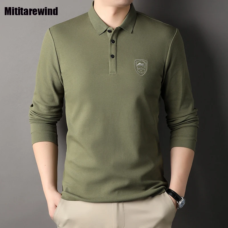 

New Pure Cotton Long Sleeve Shirt Men Spring Autumn Business Casual Polo Shirts Solid Lapel T-shirt Simple Versatile Tops Tees