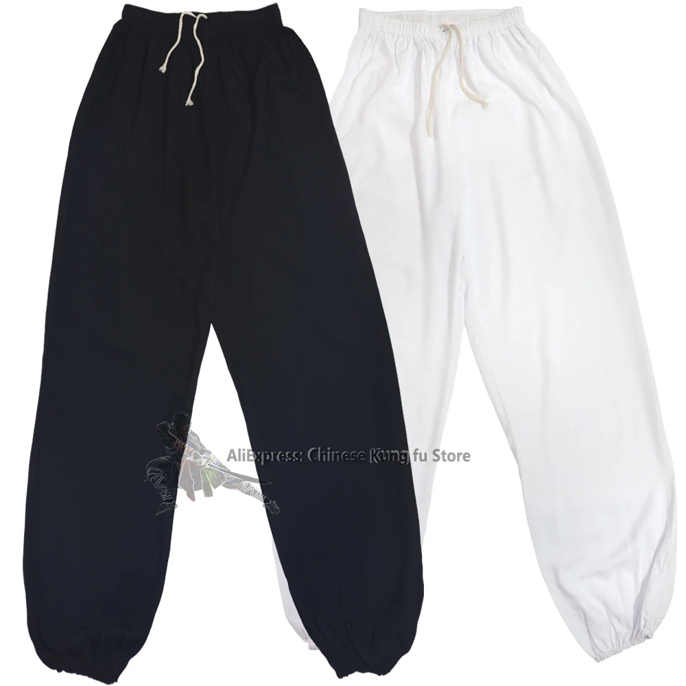 Kids Adults Cotton Kung fu Tai chi Pants Martial arts Wing Chun Black and White Wushu Trousers