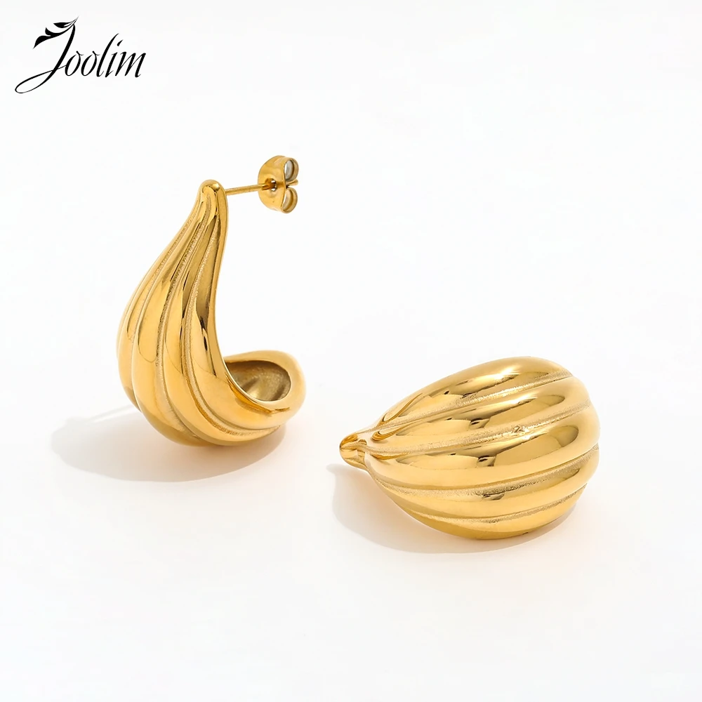 

Joolim Jewelry High Quality PVD Wholesale Fashion Personality Gollow Teardrop Shaped Hoop Stainless Steel Earring for Women