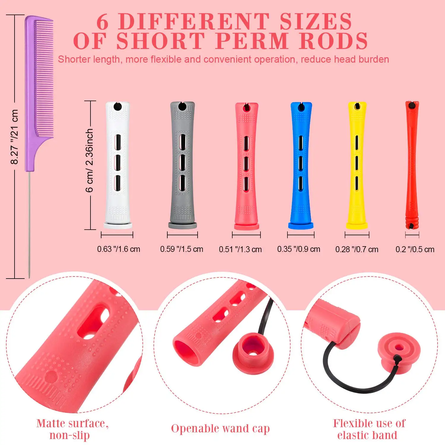 72 Pieces Hair Curling Tools Hair Perm Rods Set Short Plastic Perming Rod Cold Wave Rods 6 Sizes With 1 Piece Steel Comb