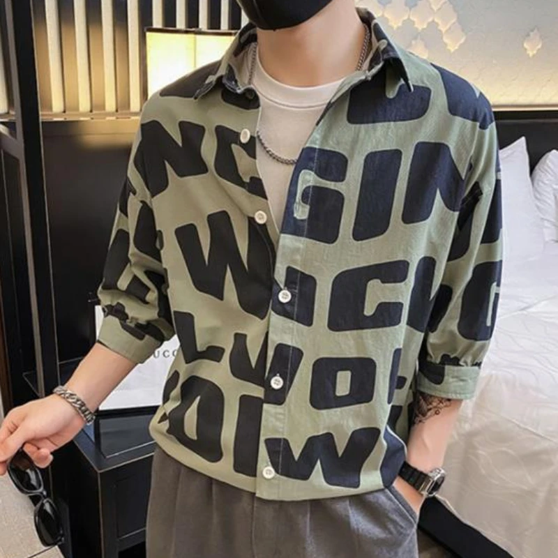 

Shirts for Men with Print Green Printed Oversize Man Shirt Regular Fashion 2024 Cheap Things Free Shipping Sale Tops Casual Asia