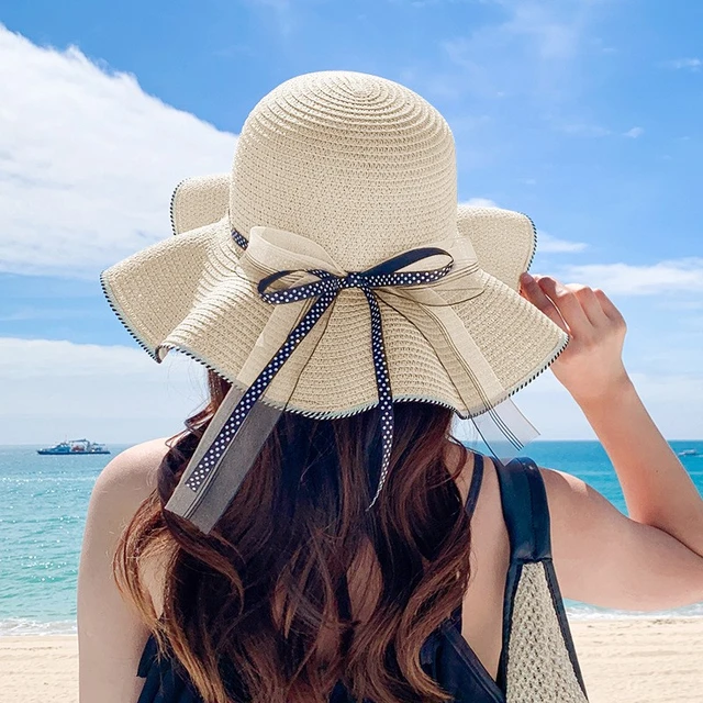 Summer Hat Women Beach Sun Hat for Women Flat Top Ribbon Bowknot Elegant  Luxury Straw Women