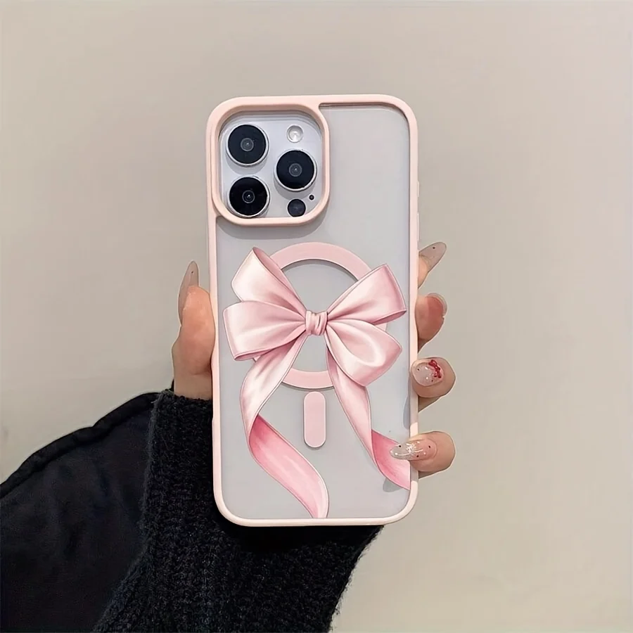 Pink Bow Pattern Magnetic Clear Wireless Charging Phone Case Cover