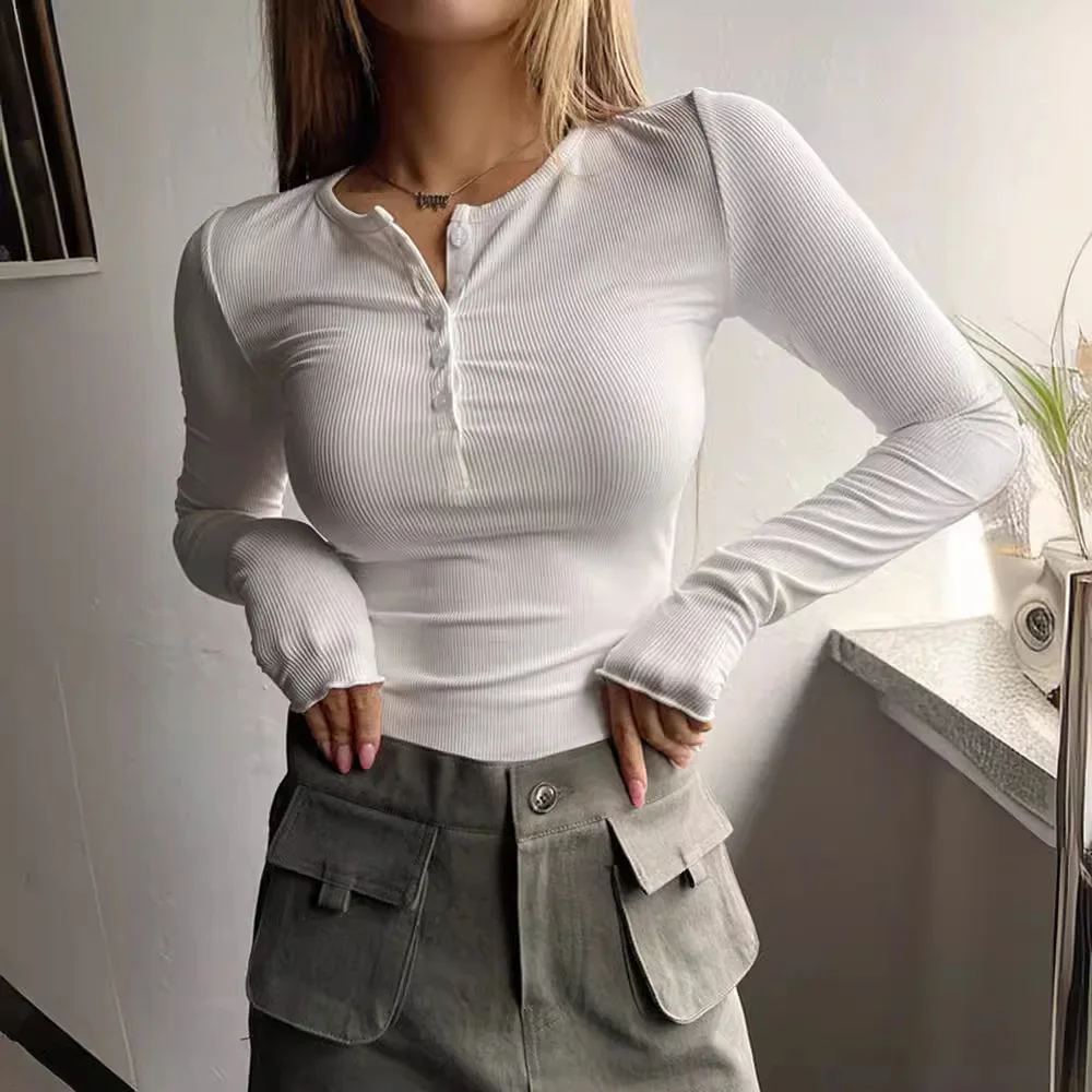 Slim Fit Knit Women's T-irt Autumn Winter Button Detail Ribbed Long Sve Pure Color Polyester Fabric Cute Sle