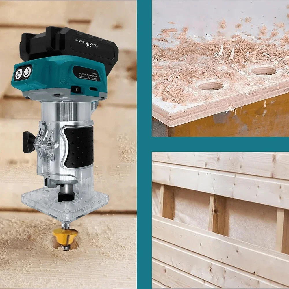 Wood Router Plunge Router 5 Speeds Brushless Electric Trimmer Handheld Milling Engraving Slotting Power Tools for Makita 18V Battery