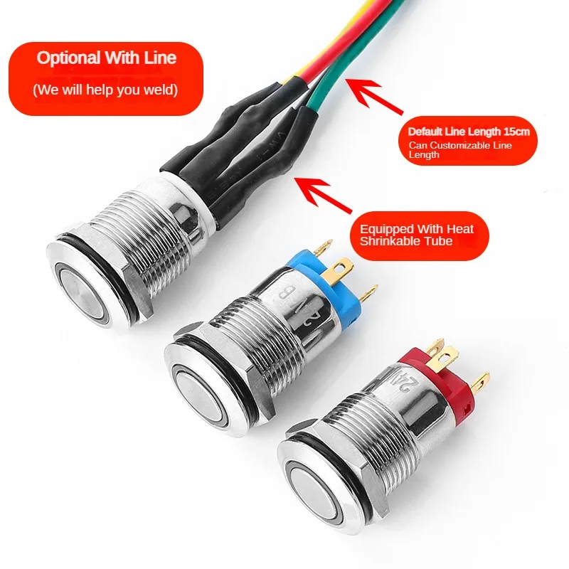 12MM 1pc Small Push Button Switch Led On/Off Sockets Metal Start Stop 6V/12v/24V/220V Momentary Electric Car Motorcycle latching