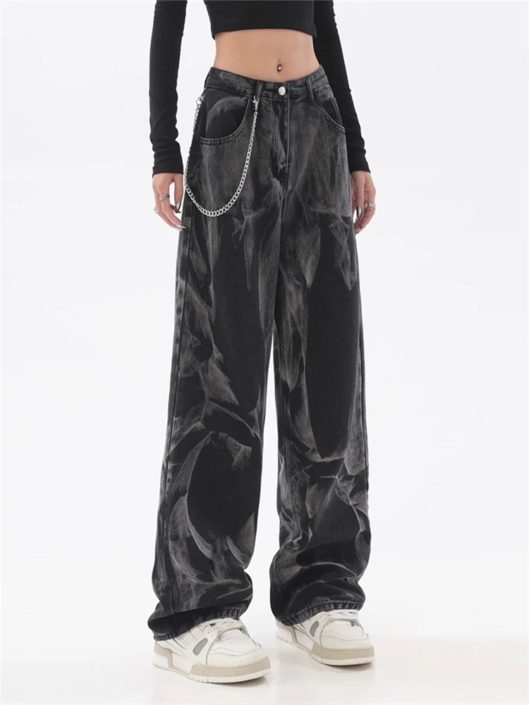 

Korean Style Y2k black Jeans Tie Dye Printing 2022 Autumn Hip Hop Loose Casual Wide Leg High Waist Casua Harajuku Pant Women