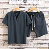1 Set Men's Short Sleeve Shorts Set Summer Cotton and Linen Two Button Large Size Solid Color Men's T-shirt Two-piece Set 1