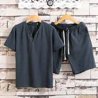 1 Set Men's Short Sleeve Shorts Set Summer Cotton and Linen Two Button Large Size Solid Color Men's T-shirt Two-piece Set 1