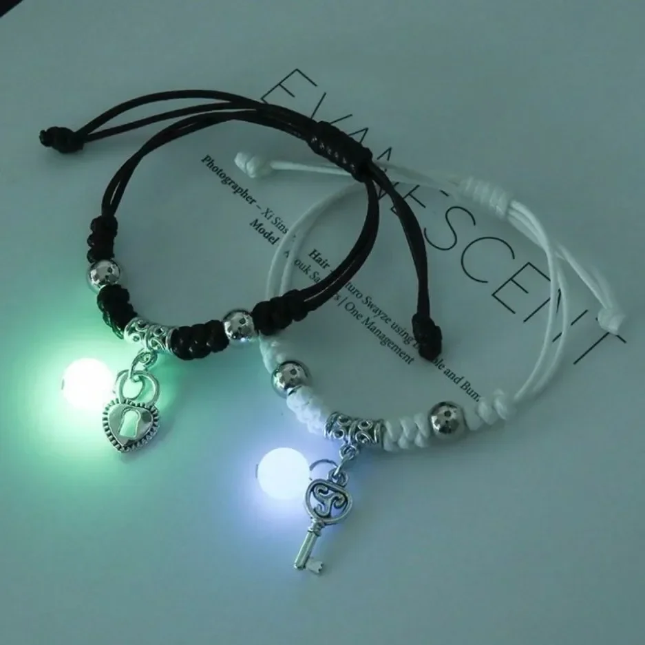 2PC Luminous Beads Star Couple Bracelet Women Men Charm Cat Flower Heart Key Lock Cross Matching Friend Bracelets Jewelry
