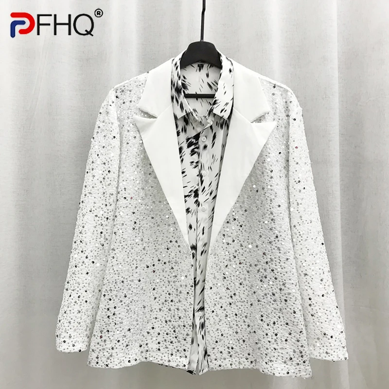 

PFHQ Autumn Men's New Design Sequins Suit Collar Shirts Trendy Long Sleeved Motorcycle High Quality Light Luxury Tops 21Z1154