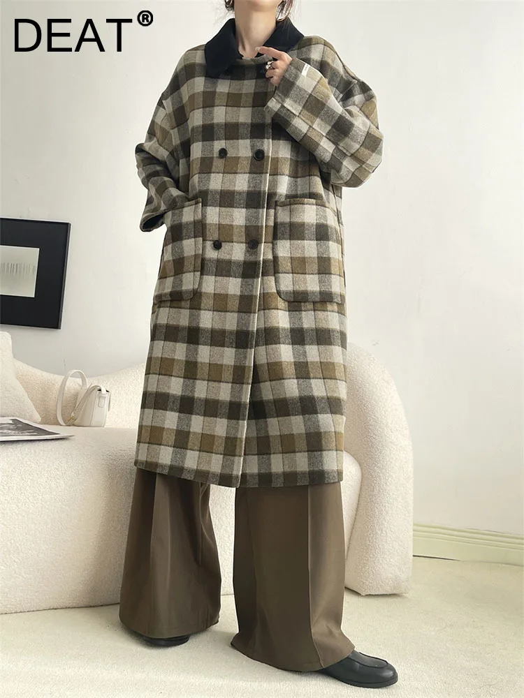 

DEAT Fashion Women's Double Side Woolen Coat Lapel Double Breasted Lattice Loose Thick Overcoat Spring 2024 New Tide 7AB3072