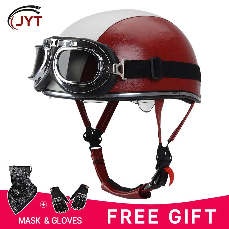 

Motorcycle Helmets Leather German Open Face Half Helmet Goggles for Cruiser DOT Men Women Skull Shell Chopper Scooter Moped Cap
