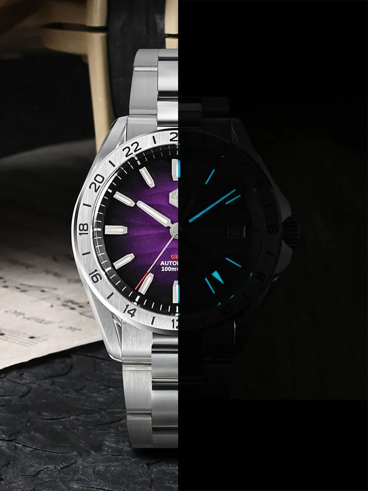 San Martin 39mm Purple Desert Texture Dial Luxury Men Dress Watch  NH34 GMT Automatic Mechanical Waterproof 100m Luminous SN0129