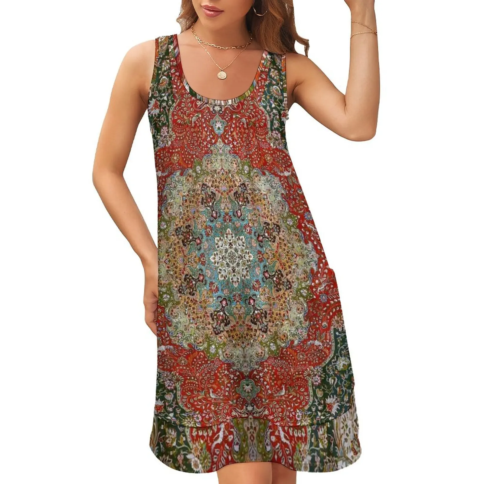

Antique Floral Persian Carpet Print Sleeveless U-Neck Fake Two Piece Dress women clothes