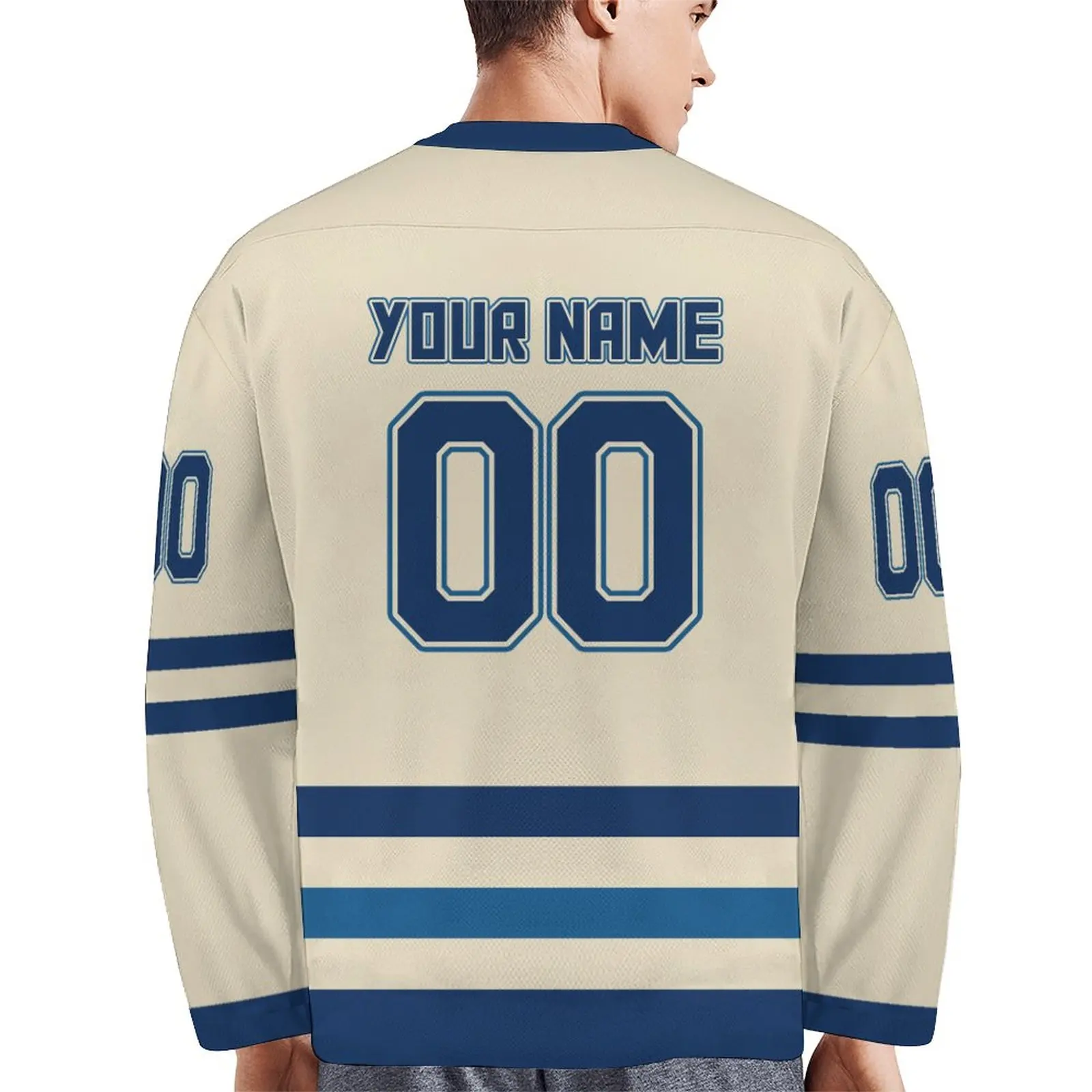 Personalized Cream Navy V-Neck Hockey Jersey - Custom Team Name & Number Sports Uniform for All Ages