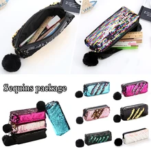 Reversible Sequin Pencil Case Large Capacity Supplies Stationery Gift Glitter Cosmetic Bag Storage Bag Faux Fur Pendant