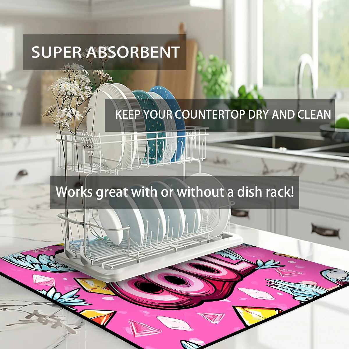 Coffee Mat Love Diamond Crown Absorbent Draining Dish Drying Mat Dry Bathroom Tableware Stain Rubber Backed Absorbent