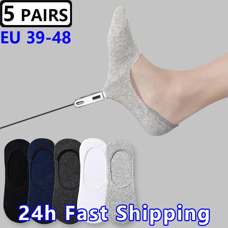 5 Pairs Plus Size 47,48 Mens Boat Socks Large Summer Non-slip Silicone Invisible No Show Sock Slippers Cotton Black Sporty Meias