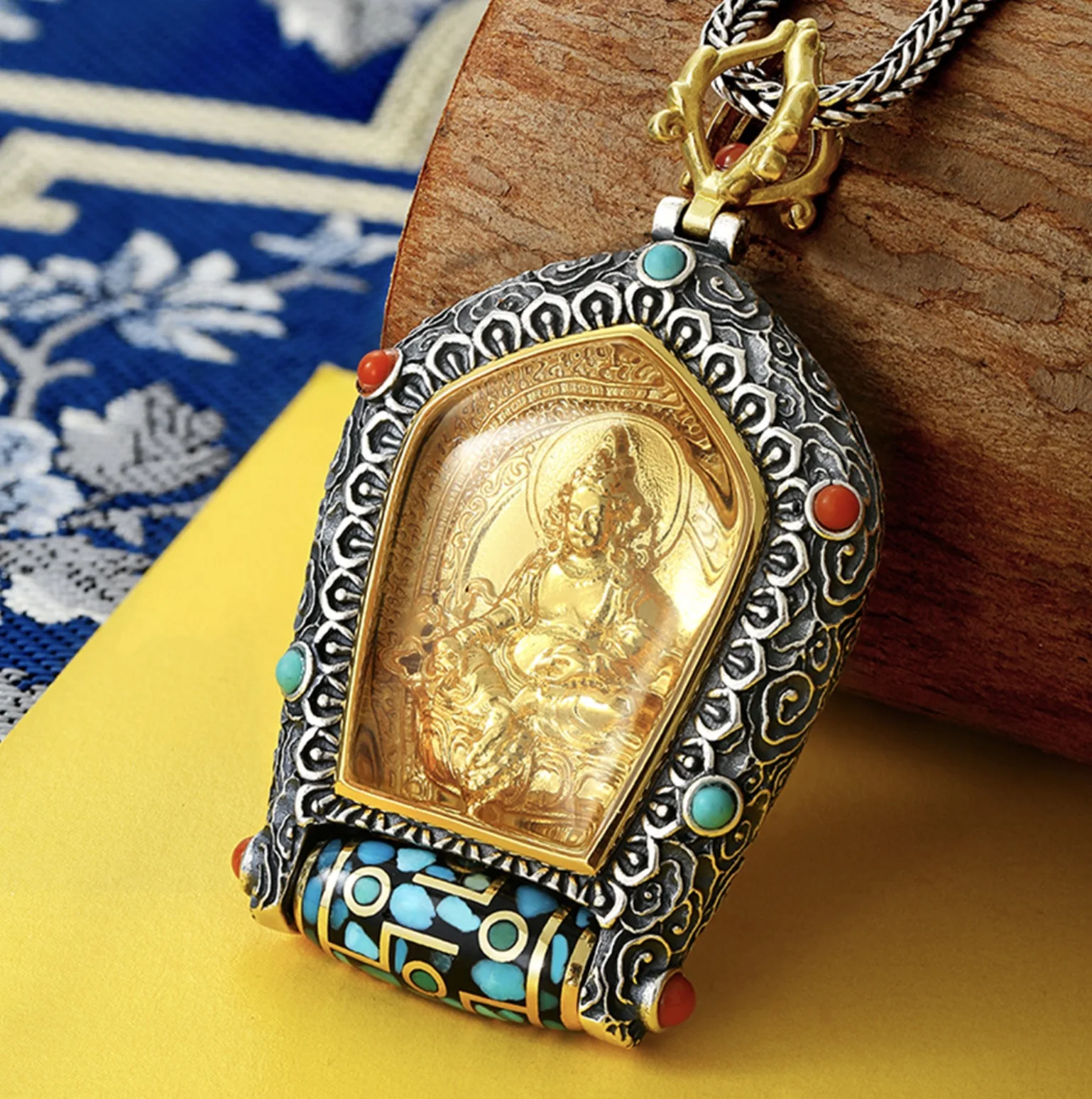 

Rotating Tianzhu, 18k gold Tibetan Silver, Native Buddha, Tangka, Yellow God of Wealth, Green Tara Pendant Necklace