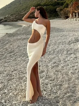 Women Y2k Knit Wrap Beach Maxi Dress Cut Out Beachwear Cover Up Sexy One Shoulder Crochet Bodycon Dress Party Club Outfit K25 1