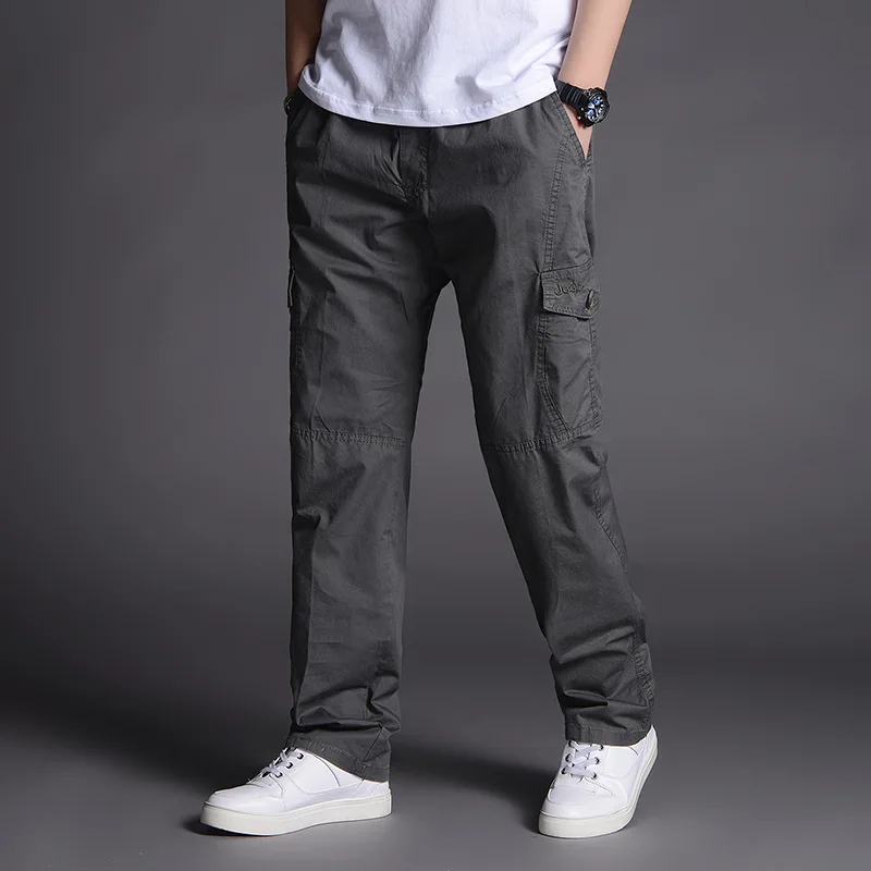 Spring Autumn Men's Thin Pure Cotton Workwear Casual Pants Oversized Straight Leg Trousers Multi Pocket Outdoor Sports Pants