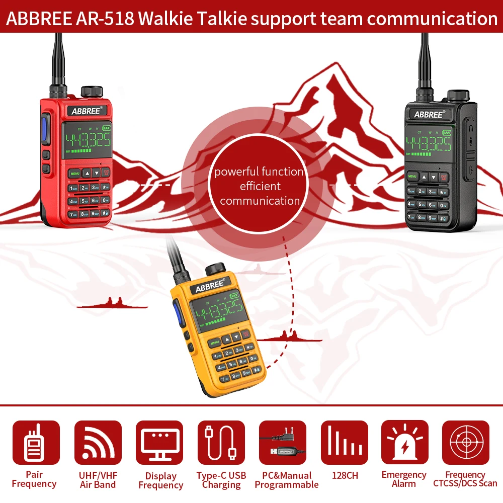 ABBREE AR-518 Full Band Wireless Copy Frequency Air Band Amateur Walkie Talkie Outdoor Intercom UHF VHF Ham Transceiver image