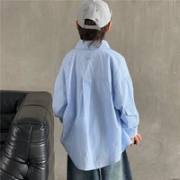 الكورية الاطفال الأزرق العمودي مخطط الخريف قميص لصبي التصميم الكلاسيكي طويلة الأكمام قميص بلوزة الأطفال ملابس كاجوال سن 3-14 2