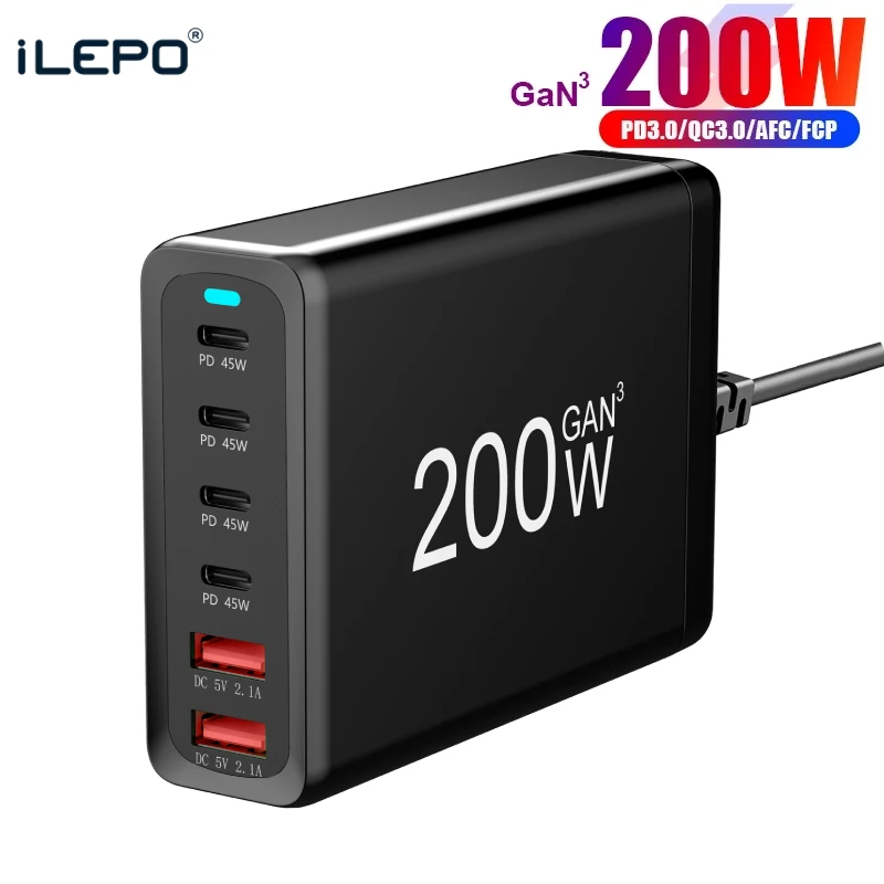 

200W GaN 6 Ports USB C Power Adapter PD 45W Fast Charger Type-C Charging Station for MacBook iPad iPhone 15 14 13 12 Samsung